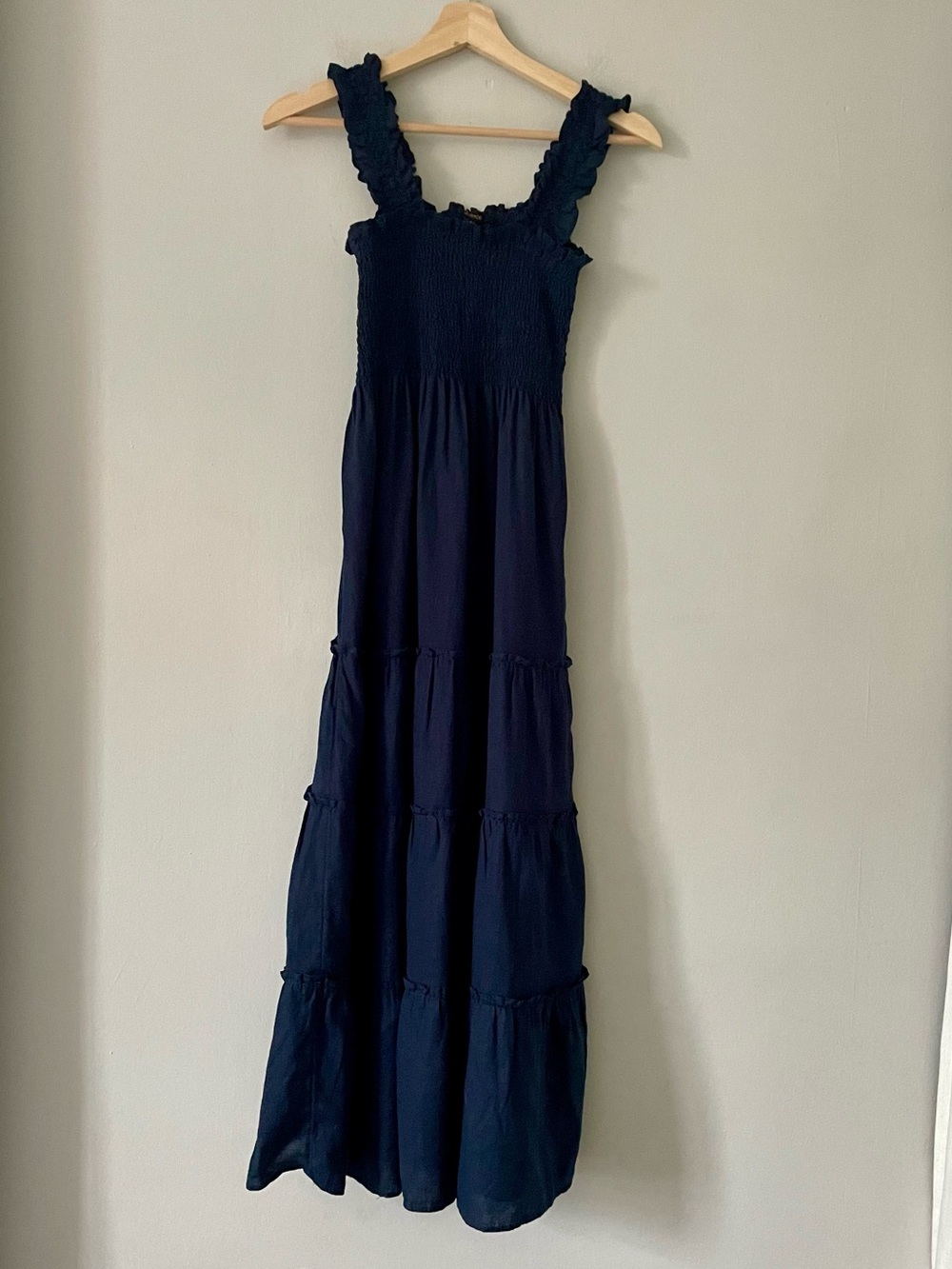 Quince European Linen Smocked Midi Dress Deep Navy